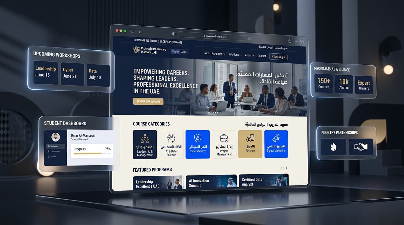 Premium UI showcase of the Al Manhal corporate training platform