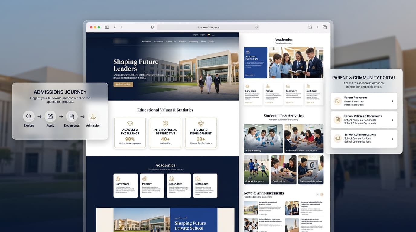 Premium UI showcase of the International Private School Al Ain website